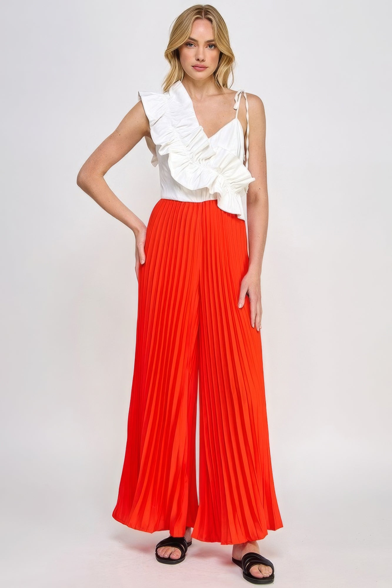 Tomato Off White - Cami Asymmetrical Ruffle Detail Pleated Bottom Jumpsuit - womens jumpsuit at TFC&H Co.