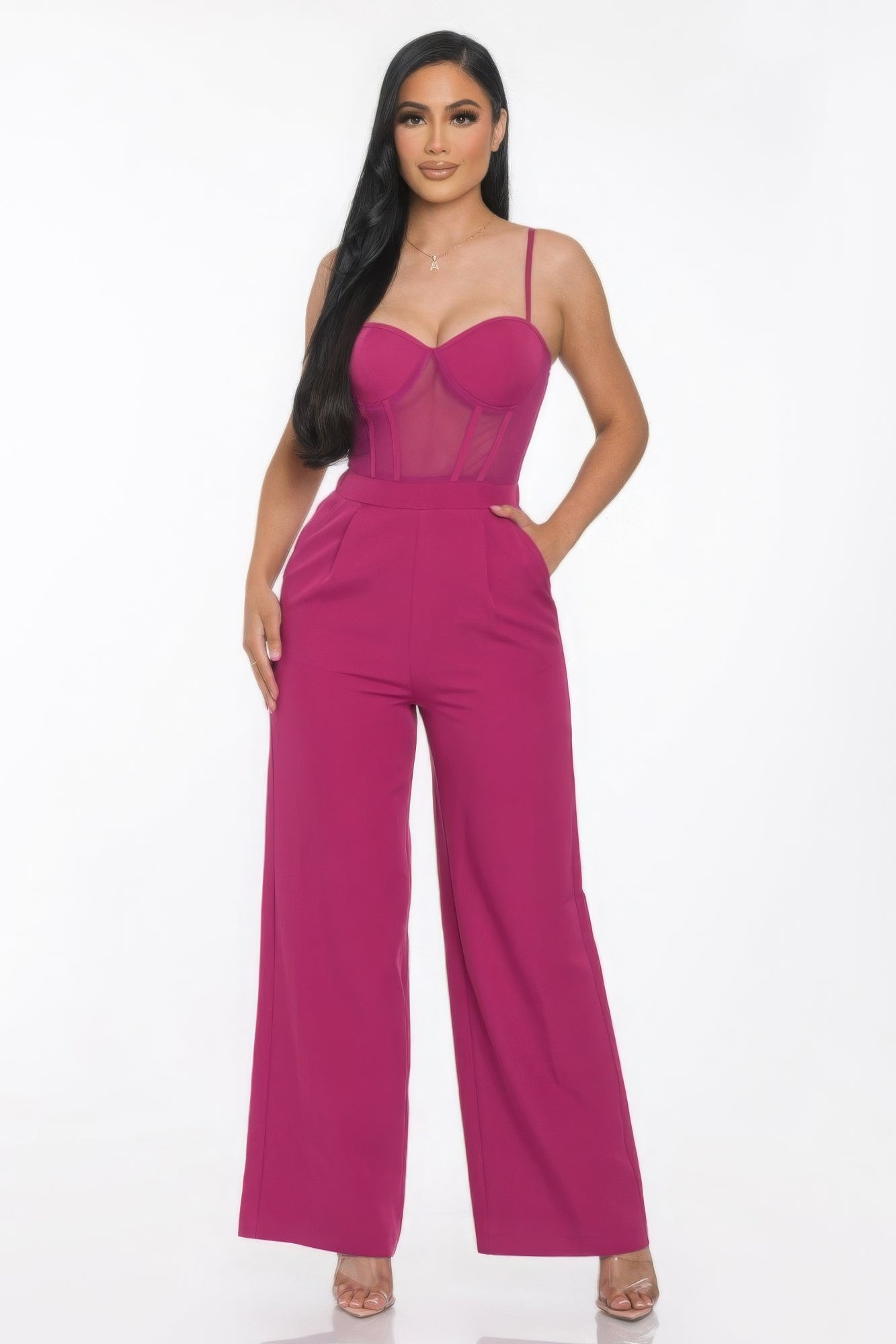 Magenta - Mesh Insert Cup Wide Leg Women's Jumpsuit - womens jumpsuit at TFC&H Co.