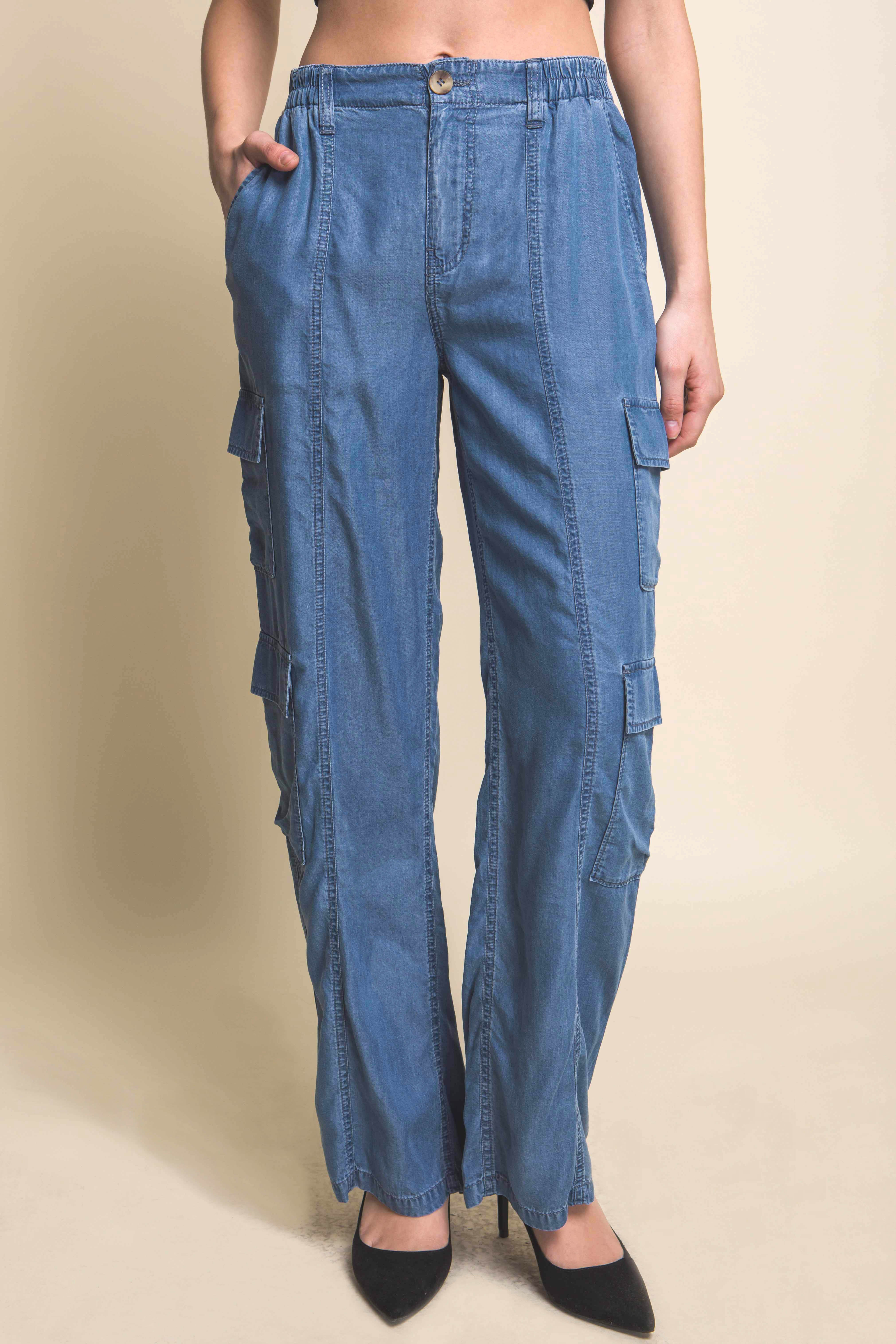 Blue - Full-length Women's Tencel Pants With Cargo Pockets - womens pants at TFC&H Co.