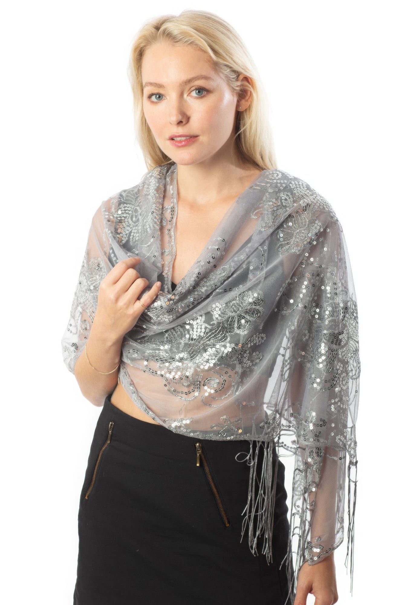 Silver - Sequined Shawl Flower - Scarf Wrap or Shawl at TFC&H Co.