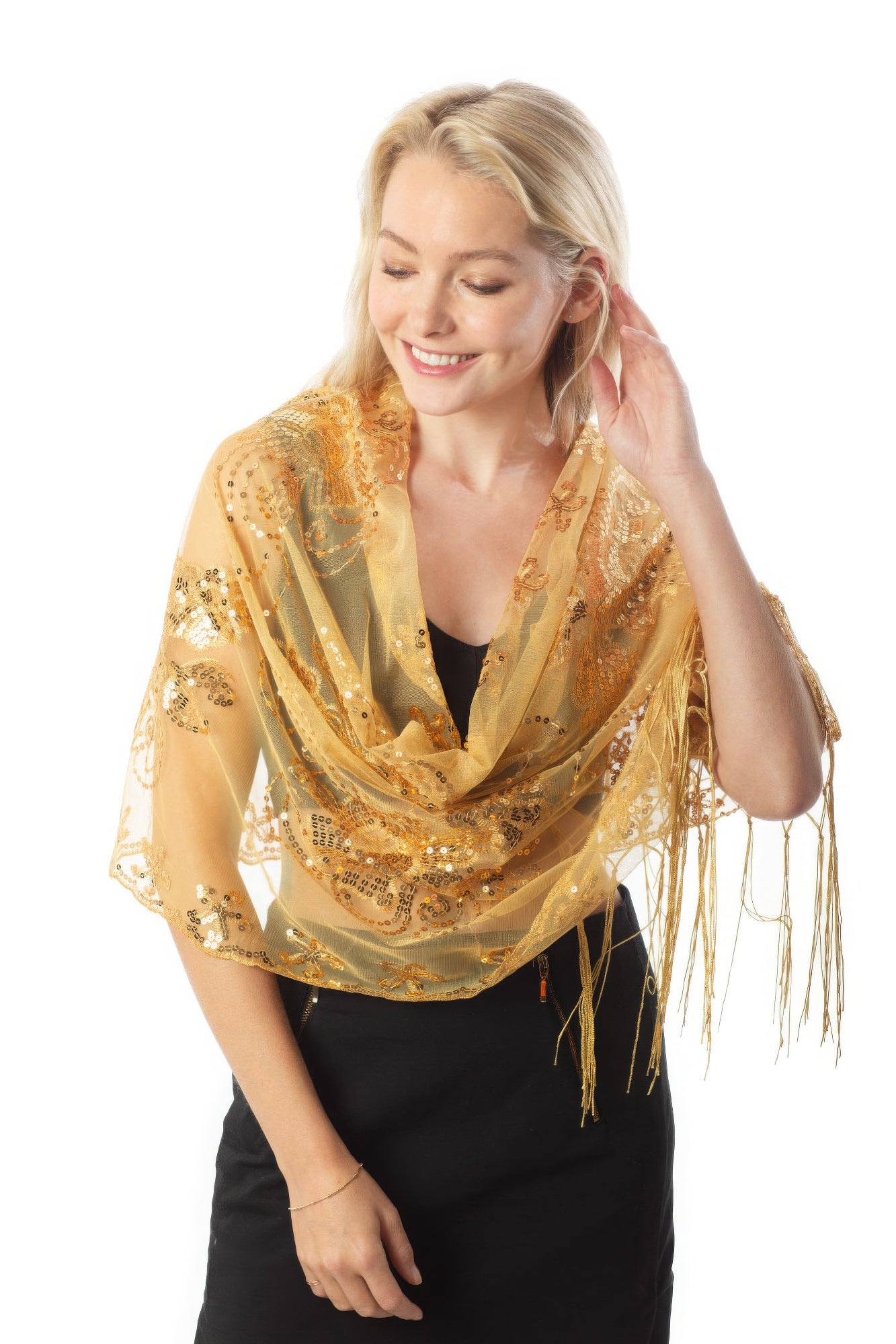 Gold - Sequined Shawl Flower - Scarf Wrap or Shawl at TFC&H Co.