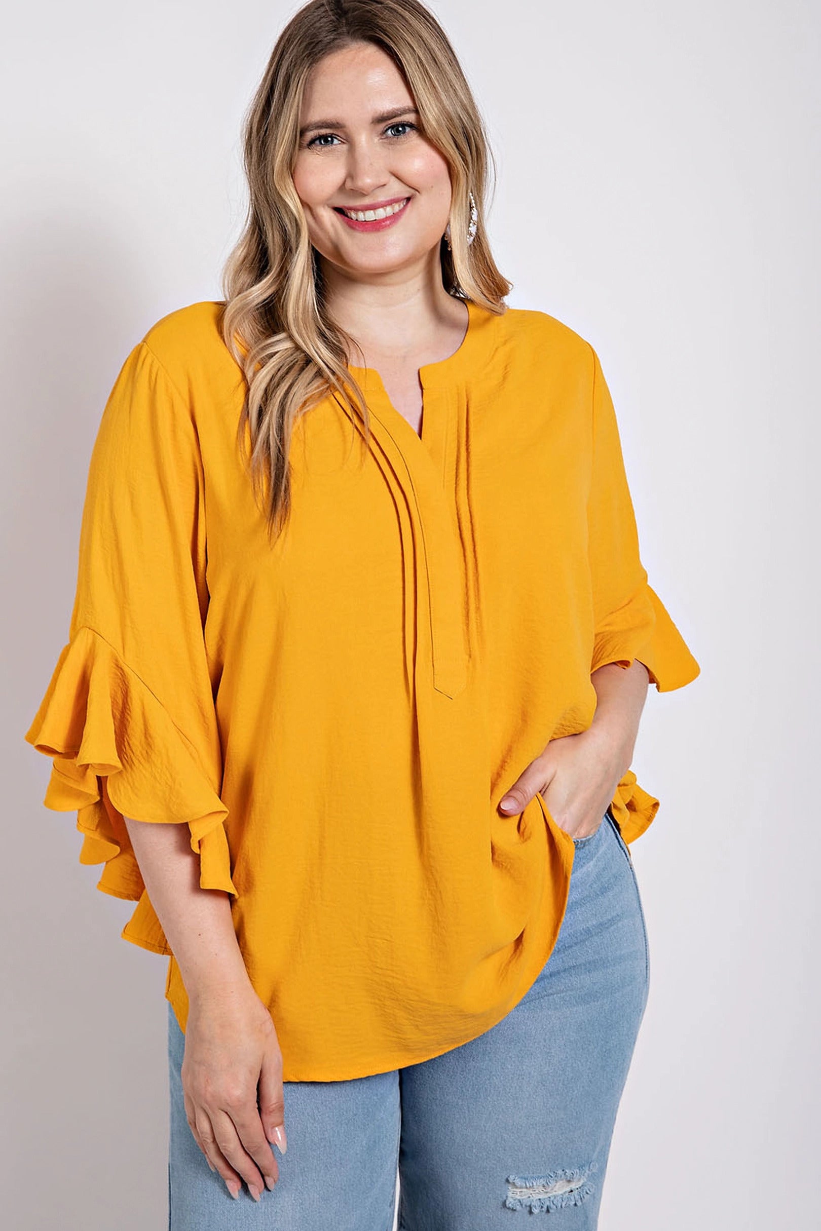 Mustard - Voluptuous (+) Ruffled Bell Sleeve And Front Pleated Detail Plus Size Women's Top - womens top at TFC&H Co.