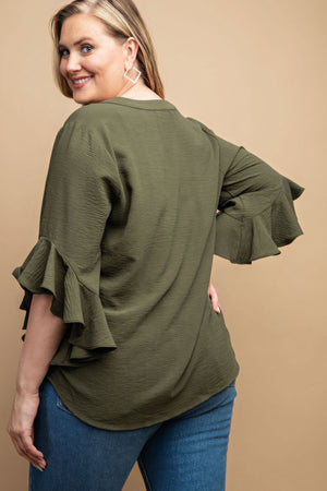 - Voluptuous (+) Ruffled Bell Sleeve And Front Pleated Detail Plus Size Women's Top - womens top at TFC&H Co.