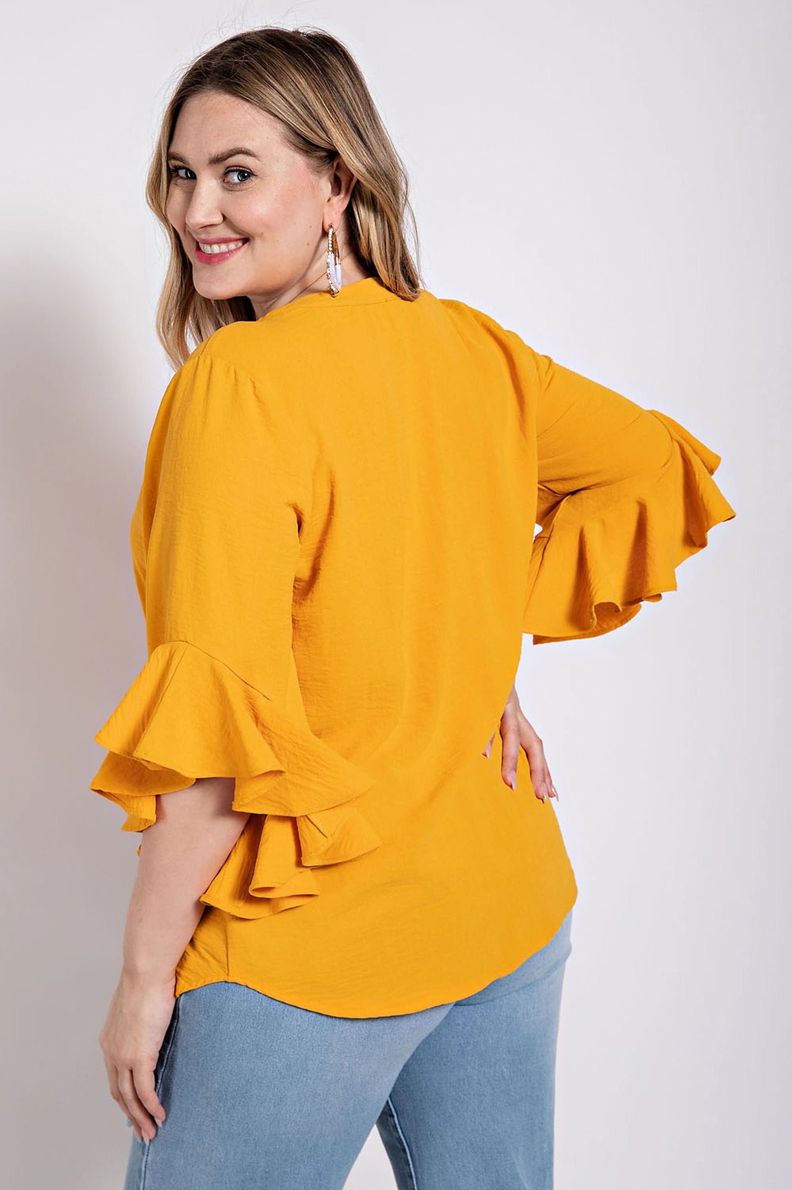 - Voluptuous (+) Ruffled Bell Sleeve And Front Pleated Detail Plus Size Women's Top - womens top at TFC&H Co.