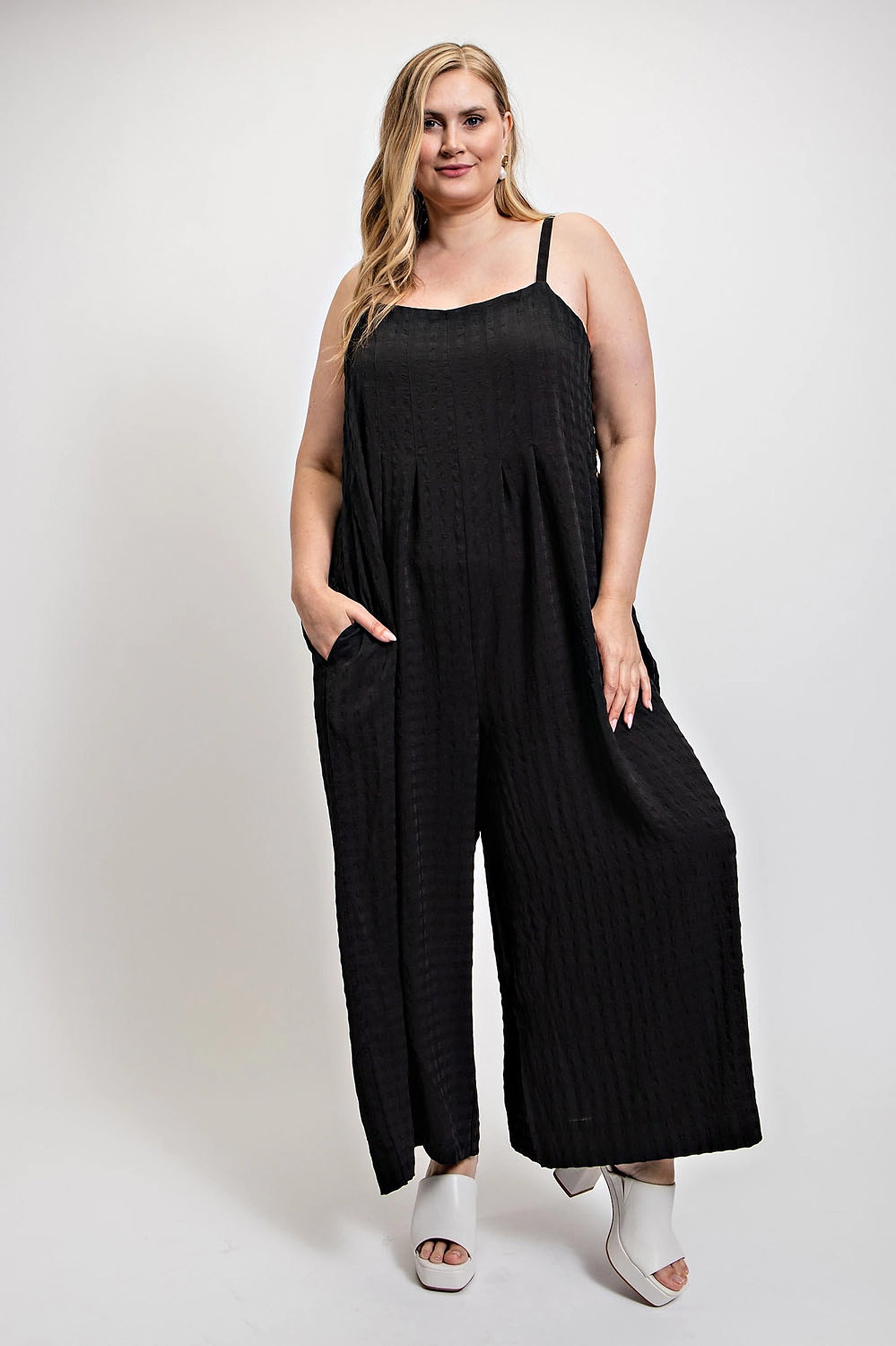 Black - Voluptuous (+) Texture Woven Sleeveless Plus Size Women's Jumpsuit With Side Button - womens jumpsuit at TFC&H Co.
