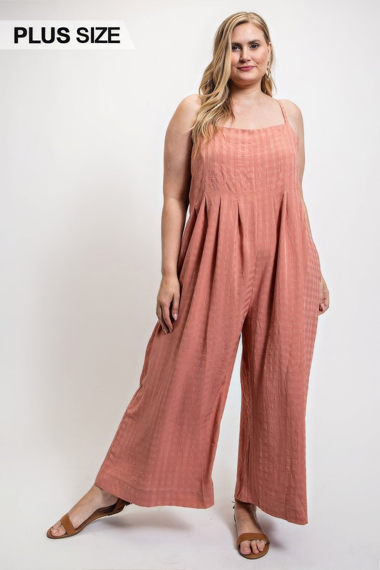 Dusty Rose - Voluptuous (+) Texture Woven Sleeveless Plus Size Women's Jumpsuit With Side Button - womens jumpsuit at TFC&H Co.