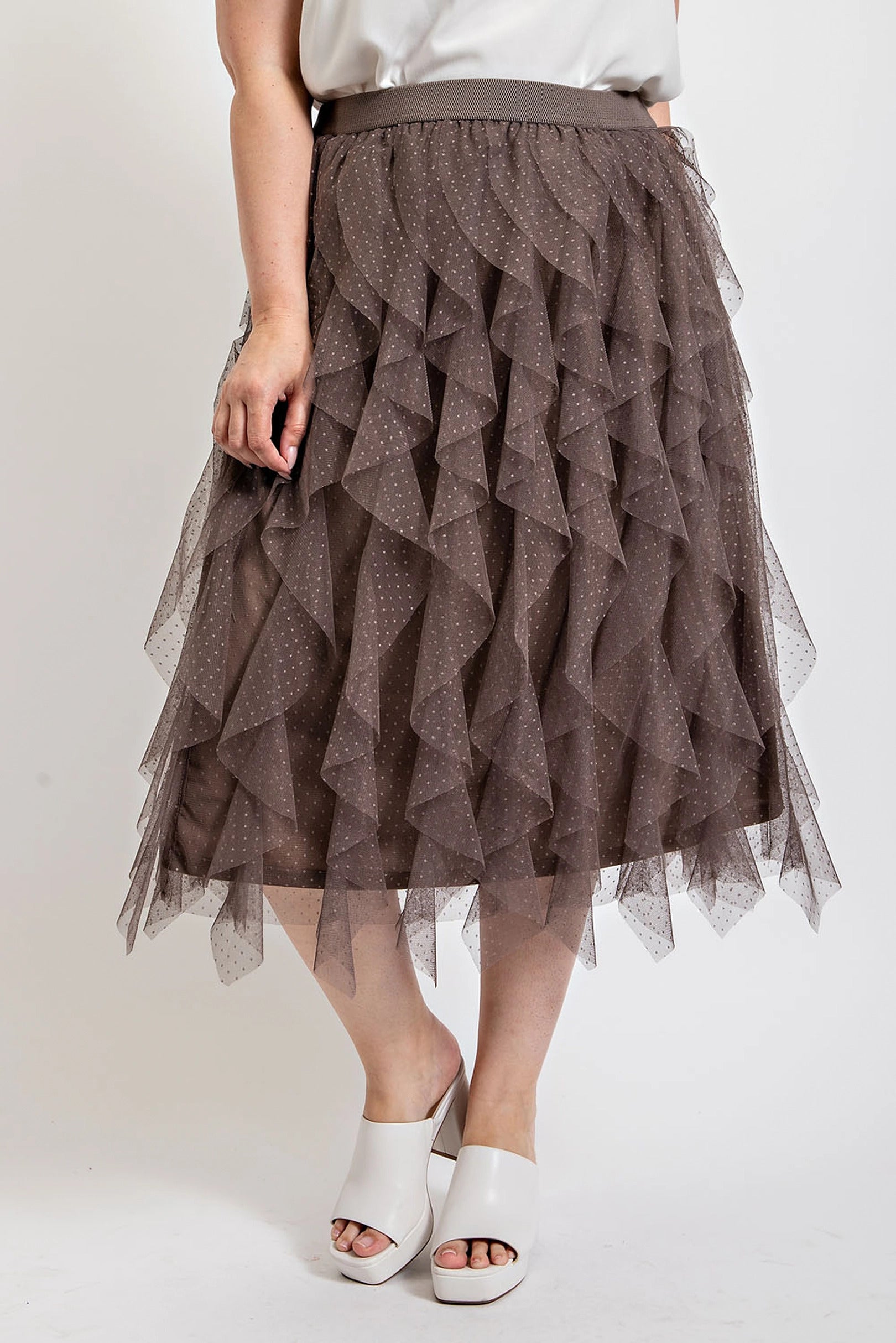 Ash Brown - Voluptuous (+) Ruffled Tulle Plus Size Skirt With Elastic Waist Band - womens plus size skirt at TFC&H Co.