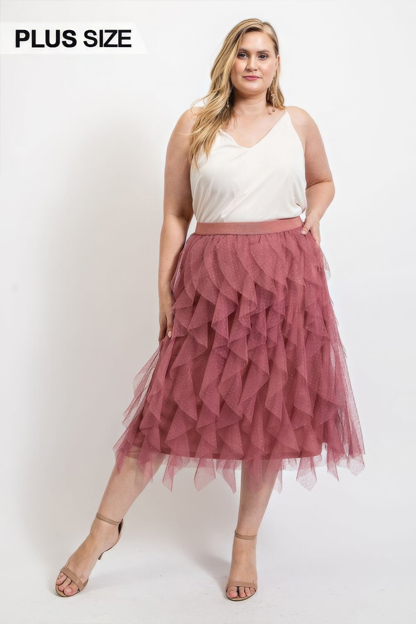 Voluptuous (+) Ruffled Tulle Plus Size Skirt With Elastic Waist Band
