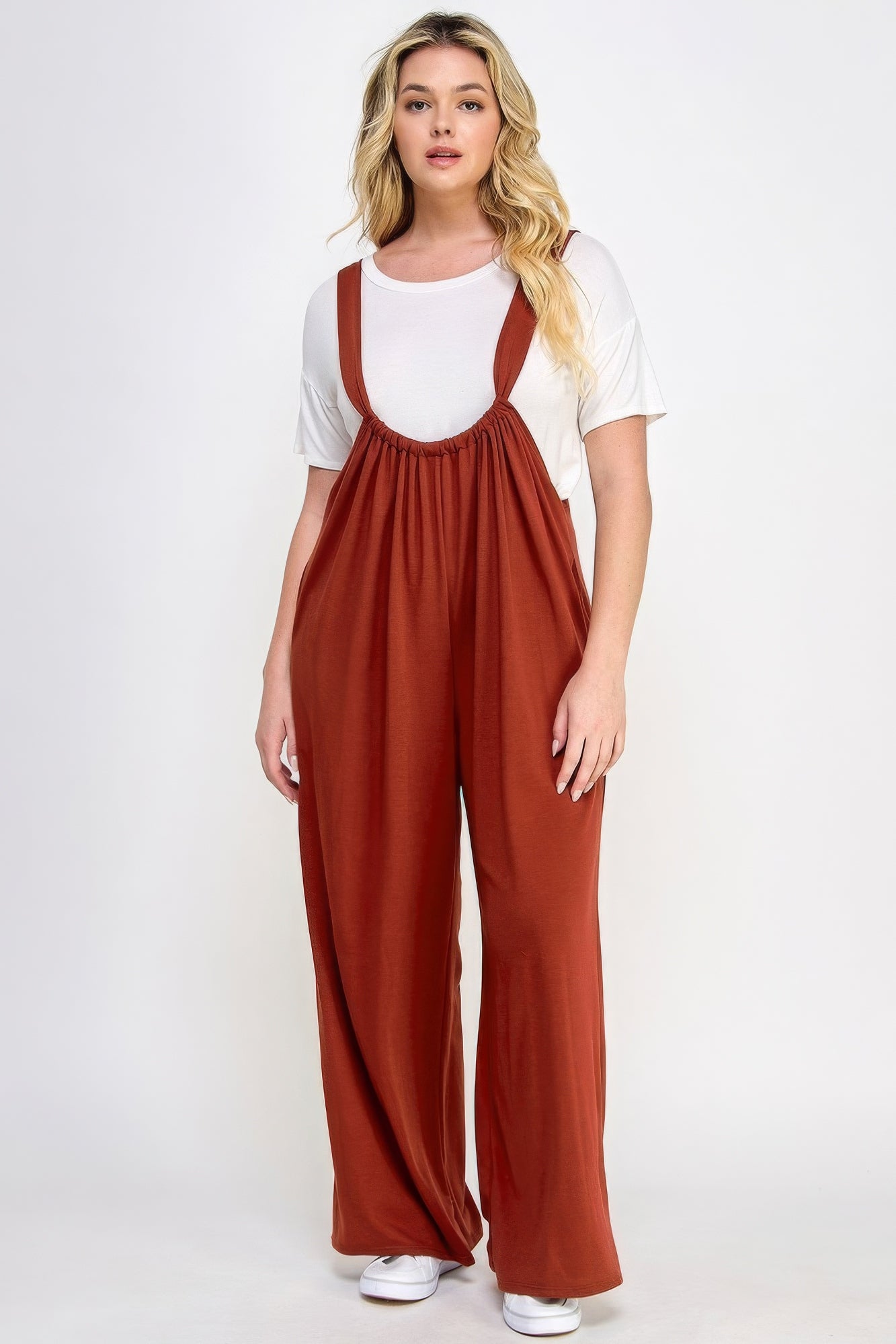Brick - Voluptuous (+) French Terry Wide Leg Women's Plus Size Overalls Jumpsuit - womens overalls at TFC&H Co.