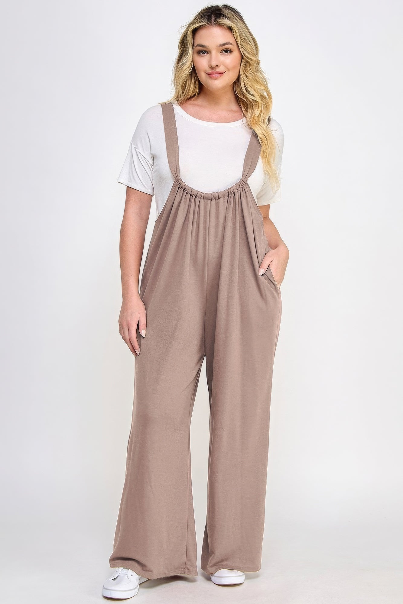 Taupe - Voluptuous (+) French Terry Wide Leg Women's Plus Size Overalls Jumpsuit - womens overalls at TFC&H Co.