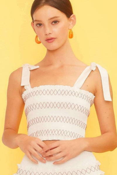 Off White - Self Tie Shoulder Smocking Ruffle Crop Top - womens crop top at TFC&H Co.