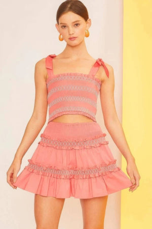 Coral - Self Tie Shoulder Smocking Ruffle Crop Top - womens crop top at TFC&H Co.