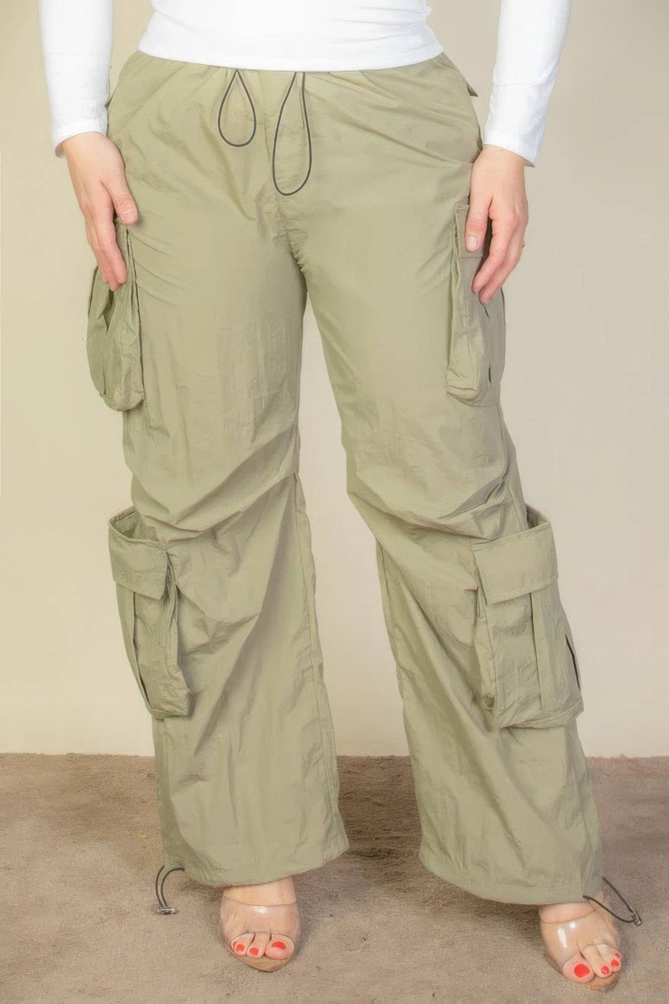 - Voluptuous (+) Plus Size Flap Pockets Drawstring Ruched Parachute Pants - womens pants at TFC&H Co.