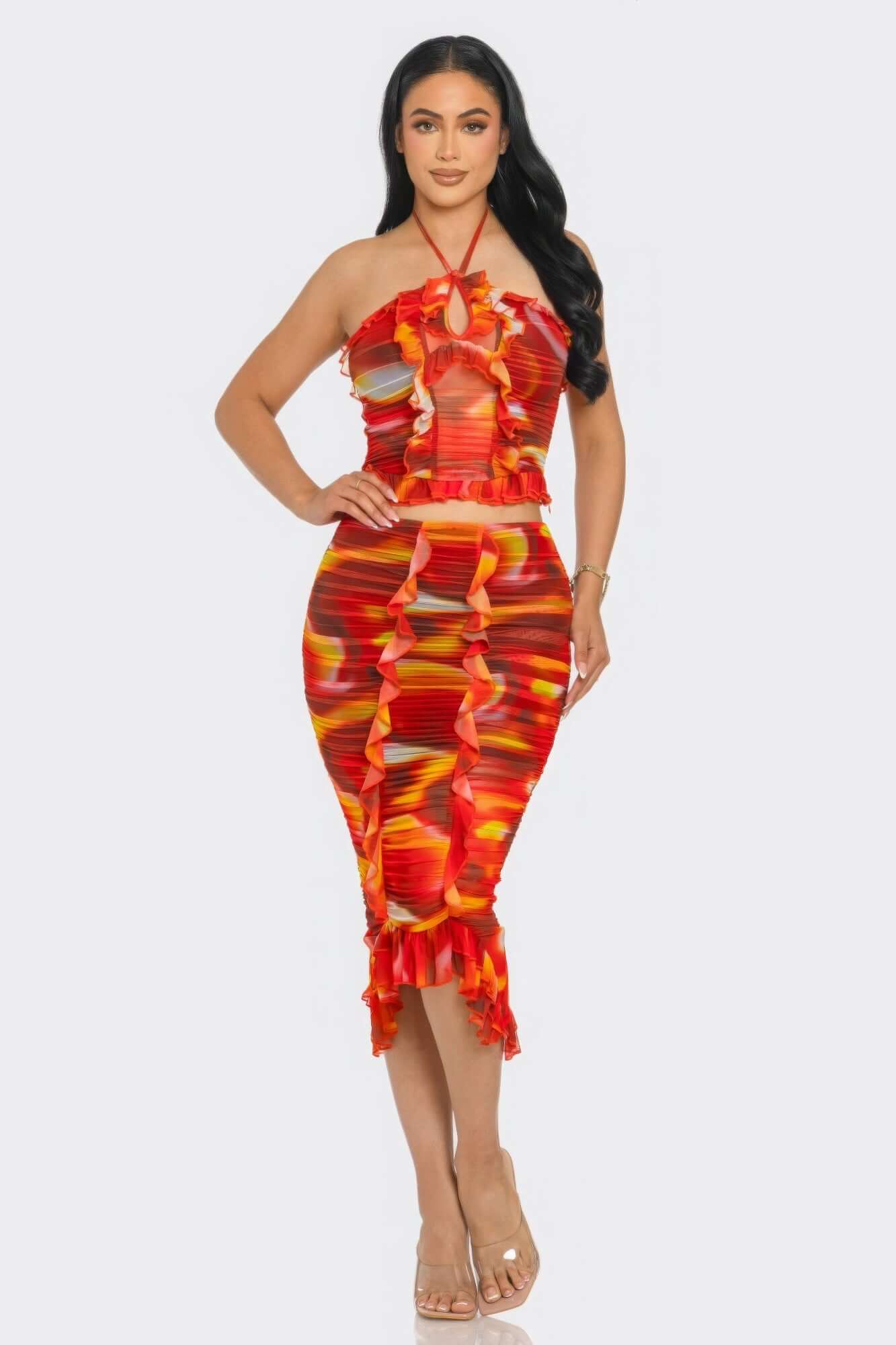 Orange - Tropical Waters Print Mesh Ruffle Halter Skirt Set - womens skirt set at TFC&H Co.
