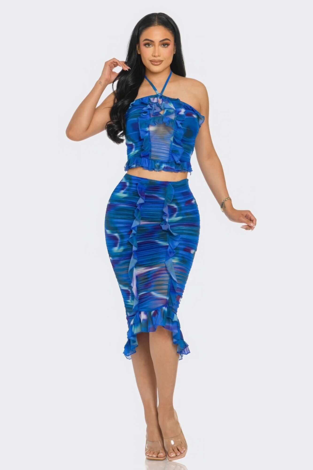 - Tropical Waters Print Mesh Ruffle Halter Skirt Set - womens skirt set at TFC&H Co.