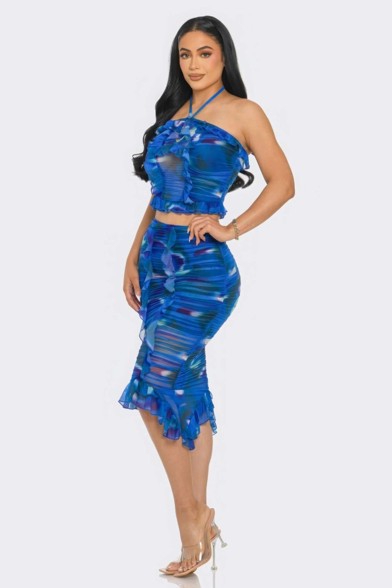 Blue - Tropical Waters Print Mesh Ruffle Halter Skirt Set - womens skirt set at TFC&H Co.