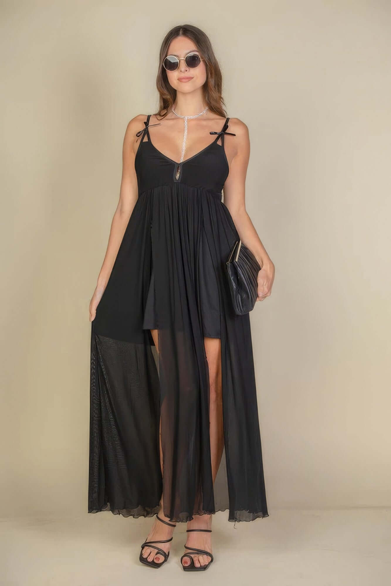 - Plunge Neck Split Thigh Mesh Maxi Dress - womens dress at TFC&H Co.