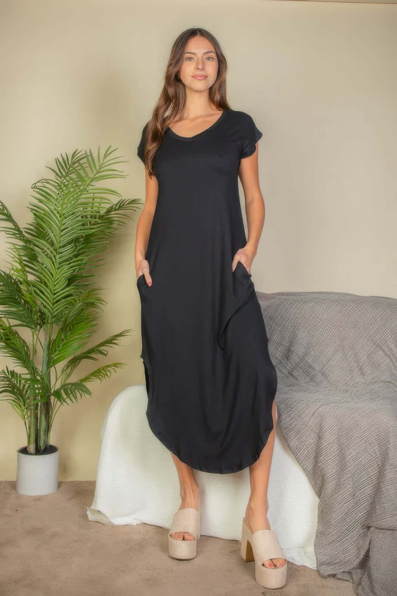 - Hidden Pocket Batwing Sleeve V Neck Long Dress - womens dress at TFC&H Co.