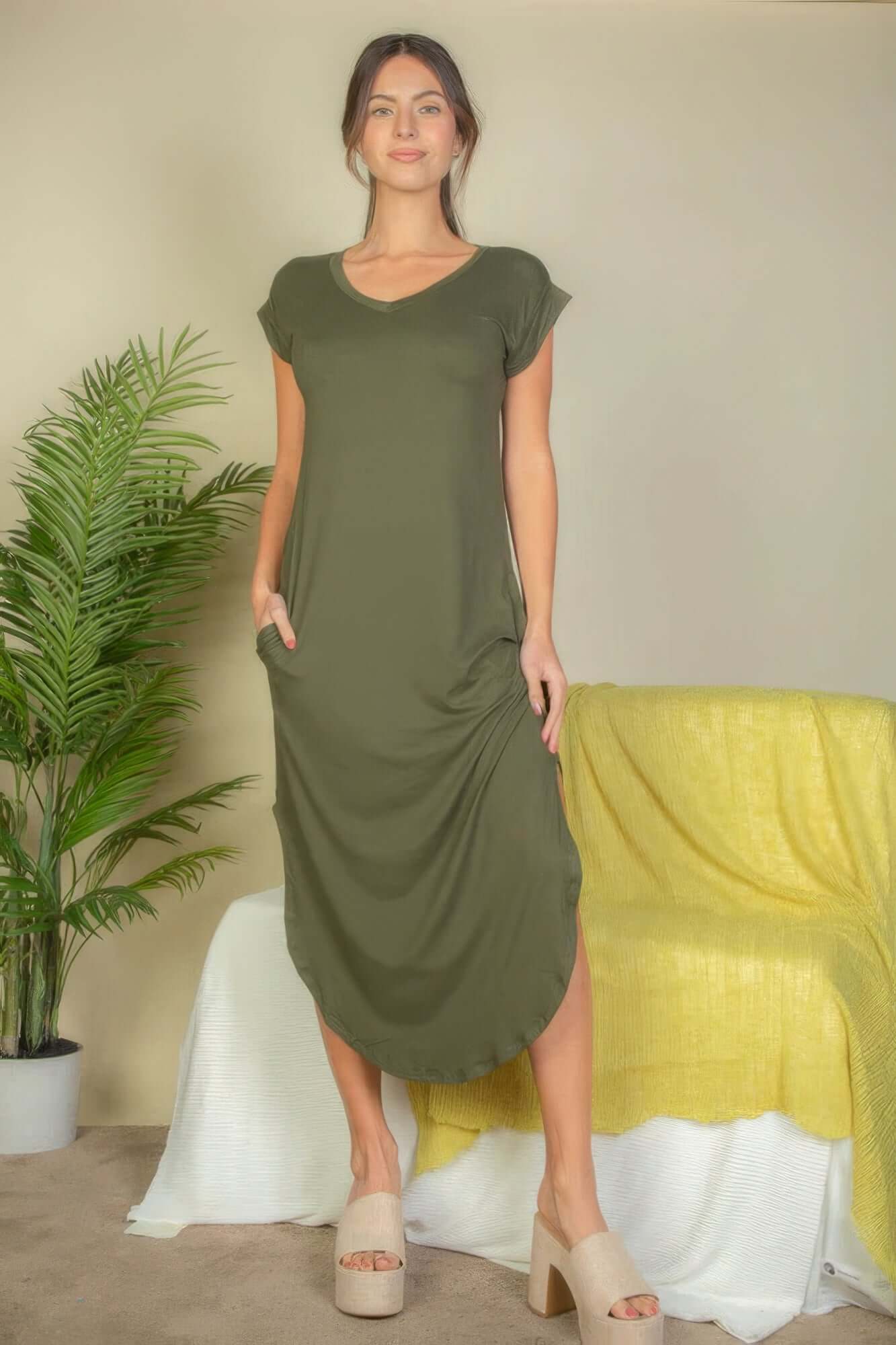 Olive - Hidden Pocket Batwing Sleeve V Neck Long Dress - womens dress at TFC&H Co.