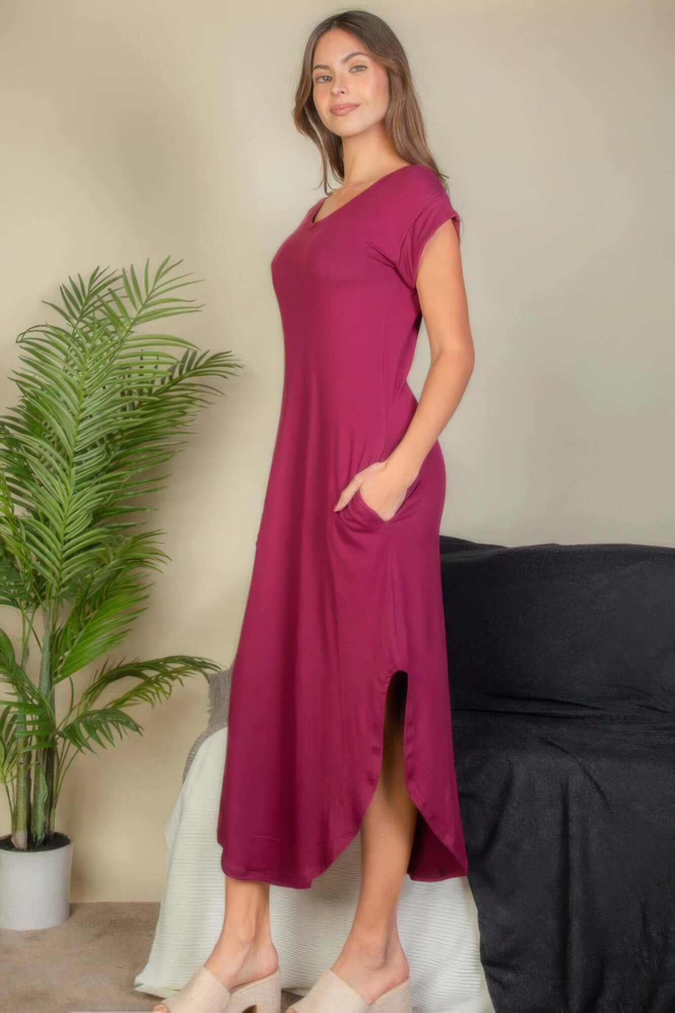 Burgundy - Hidden Pocket Batwing Sleeve V Neck Long Dress - womens dress at TFC&H Co.