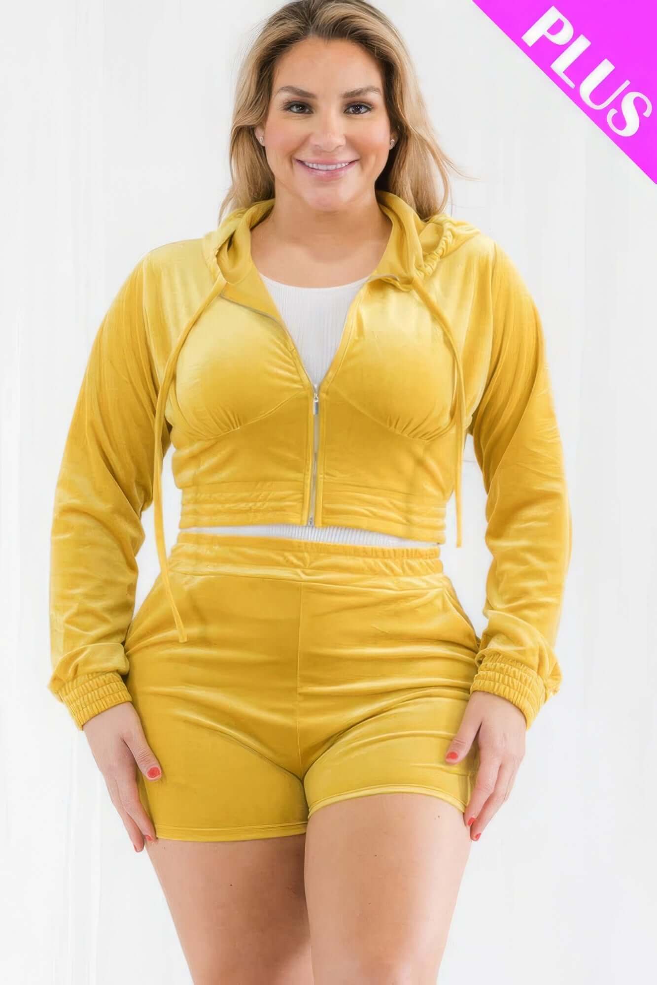 - Plus Size Velour Crop Zip Up Hoodie And Shorts Set - womens short set at TFC&H Co.