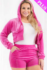 Hot Pink - Plus Size Velour Crop Zip Up Hoodie And Shorts Set - womens short set at TFC&H Co.
