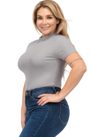 Grey - Plus Size Ribbed Short Sleeve Bodysuit - womens bodysuit at TFC&H Co.