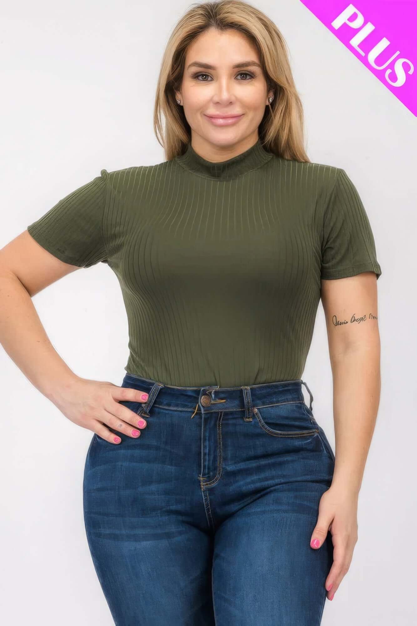 - Plus Size Ribbed Short Sleeve Bodysuit - womens bodysuit at TFC&H Co.