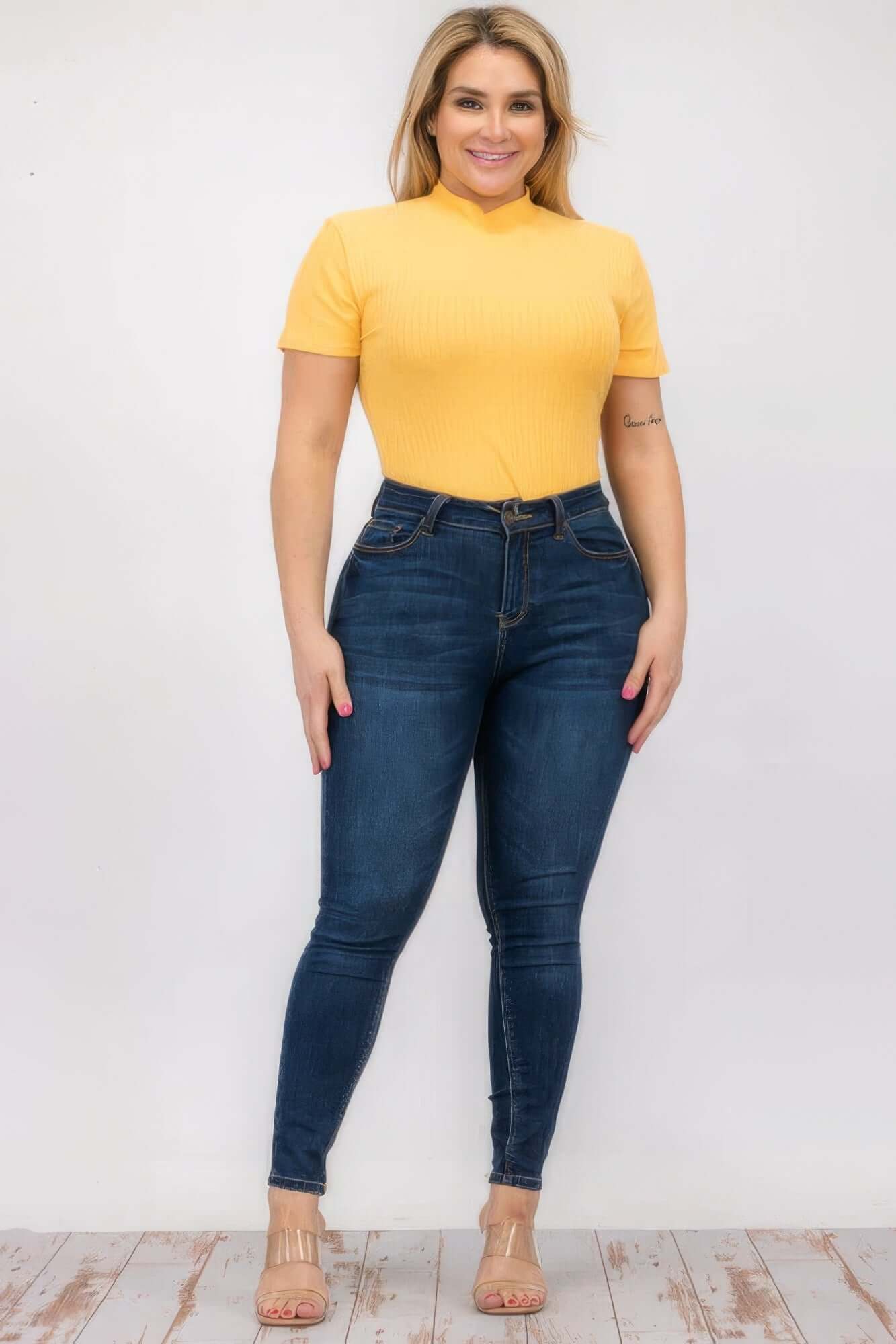 Gold - Plus Size Ribbed Short Sleeve Bodysuit - womens bodysuit at TFC&H Co.