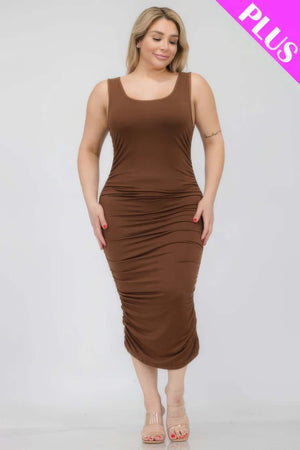 - Plus Size Square Neck Ruched Bodycon Midi Dress - womens dress at TFC&H Co.