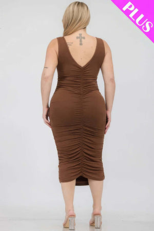 - Plus Size Square Neck Ruched Bodycon Midi Dress - womens dress at TFC&H Co.