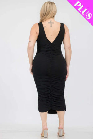 - Plus Size Square Neck Ruched Bodycon Midi Dress - womens dress at TFC&H Co.