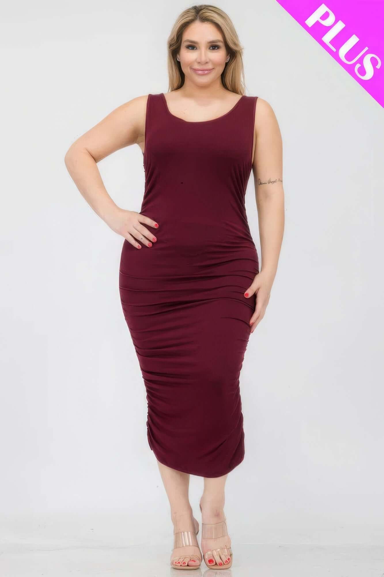 Burgundy - Plus Size Square Neck Ruched Bodycon Midi Dress - womens dress at TFC&H Co.