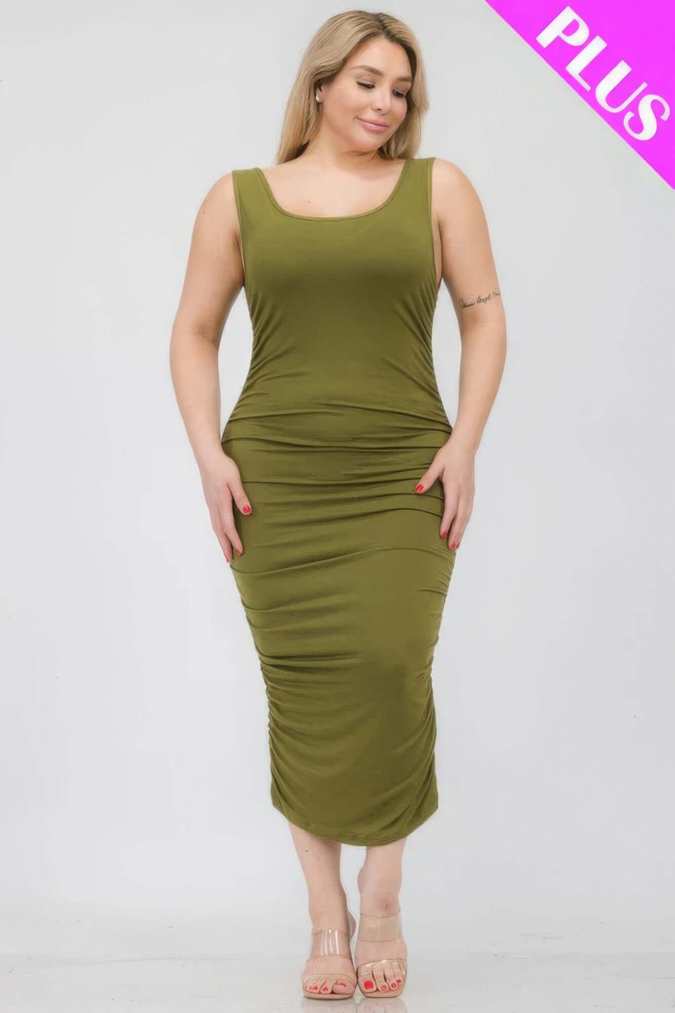 Olive Branch - Plus Size Square Neck Ruched Bodycon Midi Dress - womens dress at TFC&H Co.