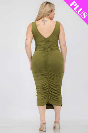 - Plus Size Square Neck Ruched Bodycon Midi Dress - womens dress at TFC&H Co.