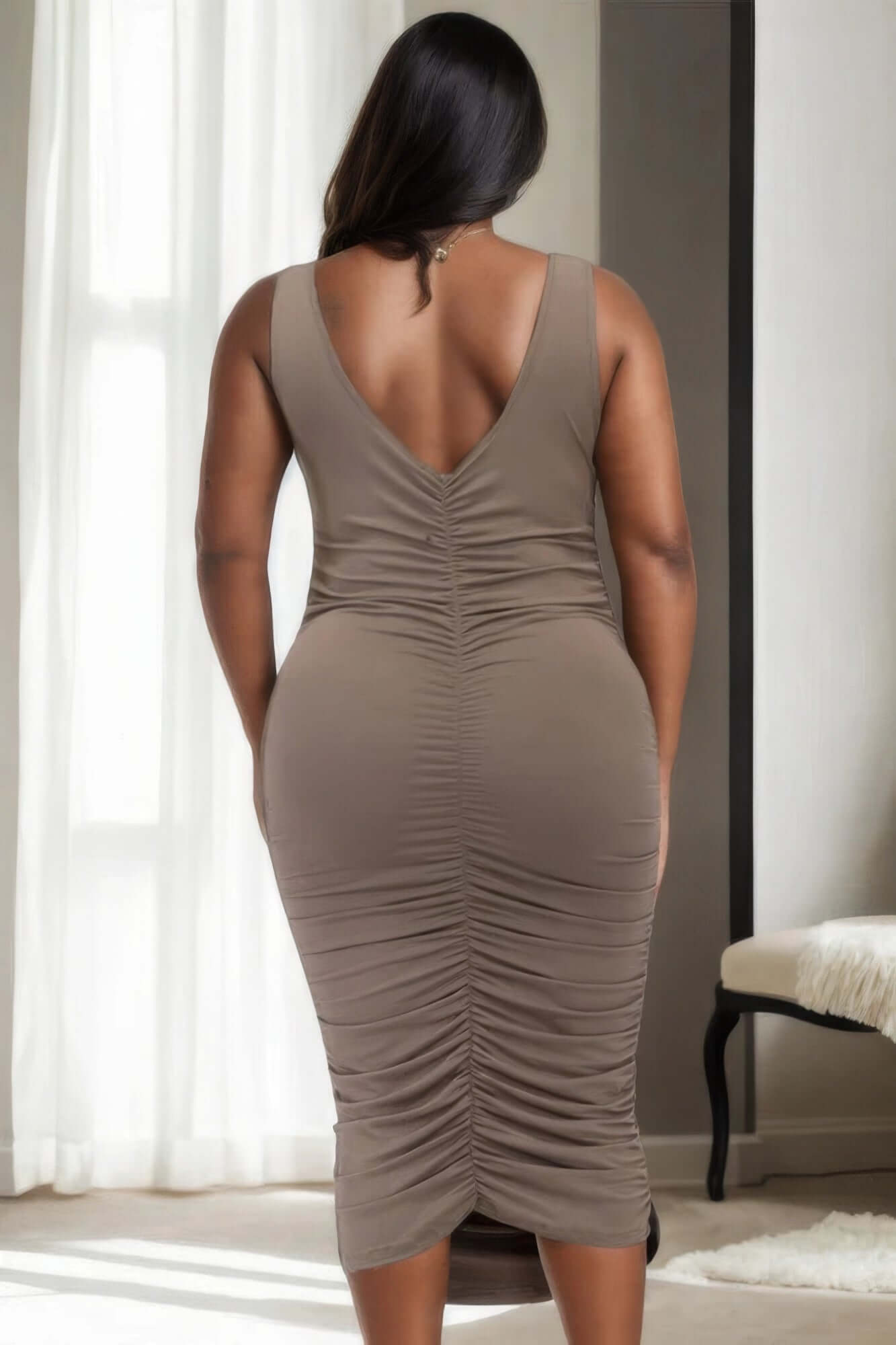 - Plus Size Square Neck Ruched Bodycon Midi Dress - womens dress at TFC&H Co.