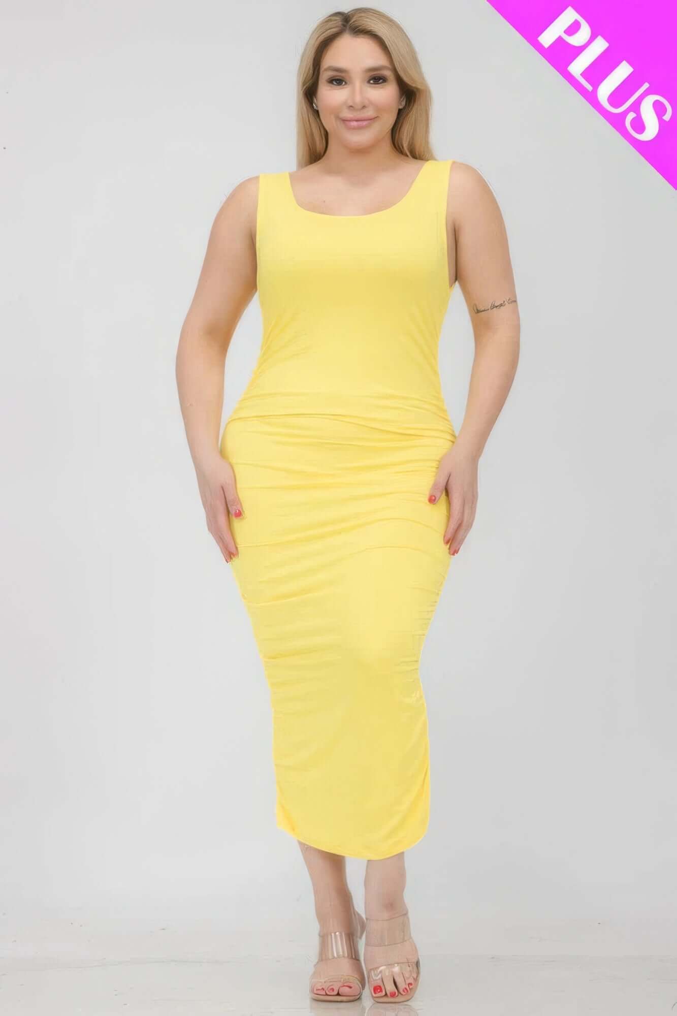 - Plus Size Square Neck Ruched Bodycon Midi Dress - womens dress at TFC&H Co.