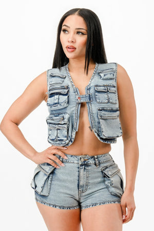- Washed Denim Two Piece Outfit Set - womens short set at TFC&H Co.