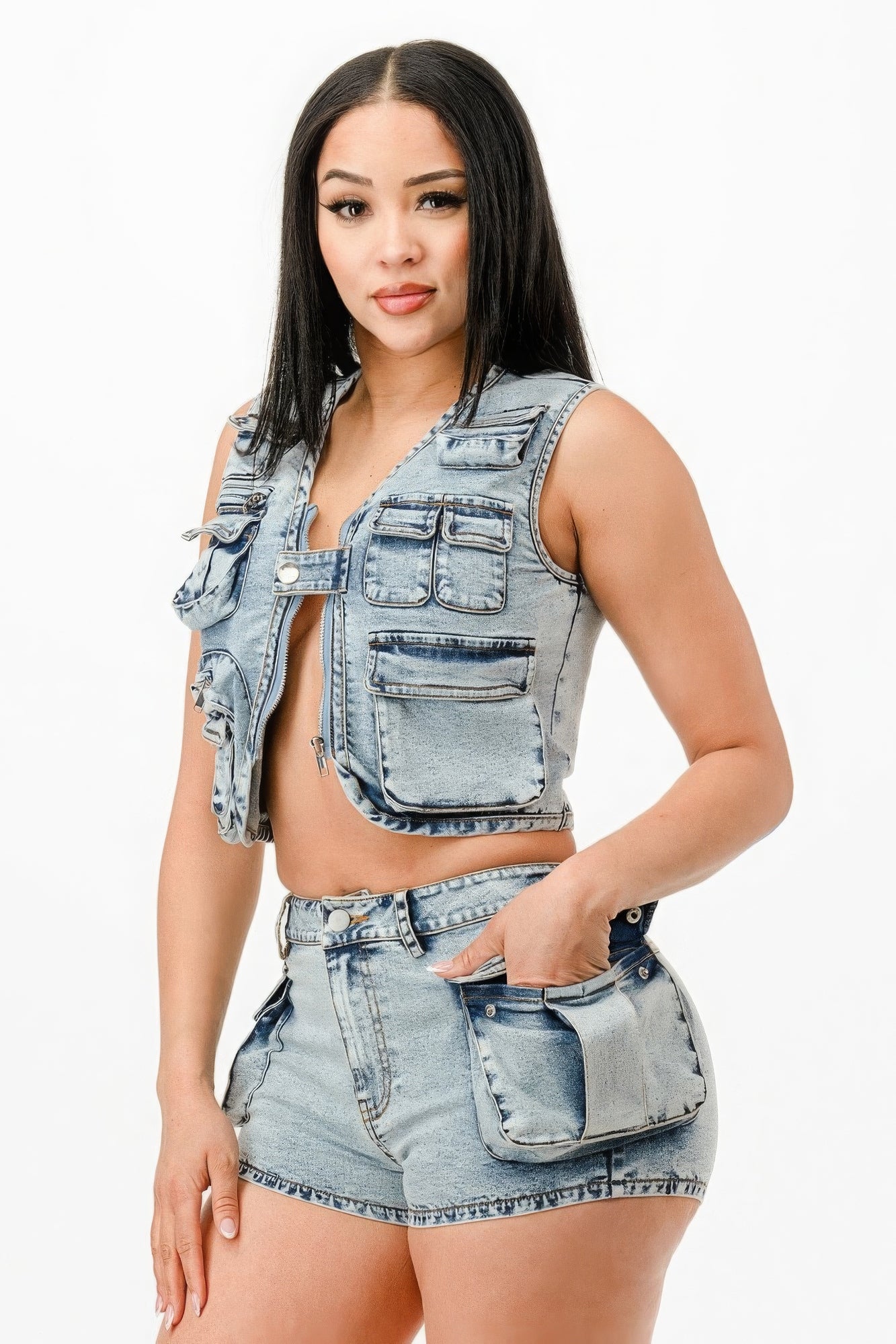 - Washed Denim Two Piece Outfit Set - womens short set at TFC&H Co.