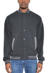 Black Charcoal - Mens Fleece Snap Button Varsity Jacket - mens jacket at TFC&H Co.