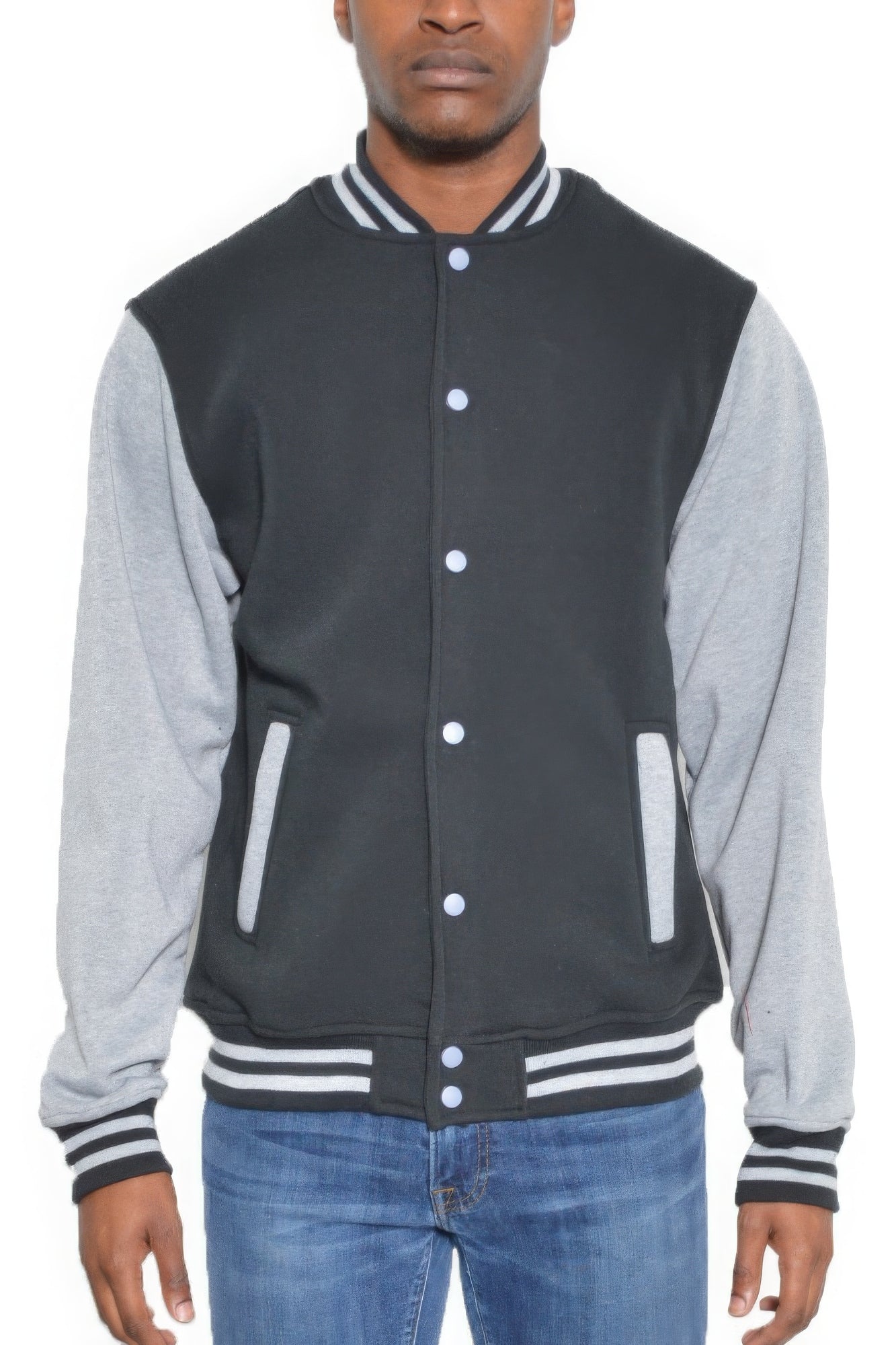 Black Grey - Mens Fleece Snap Button Varsity Jacket - mens jacket at TFC&H Co.