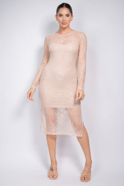Tan - Lace Rhinestone-studded Slit Midi Dress for Women - women's dress at TFC&H Co.