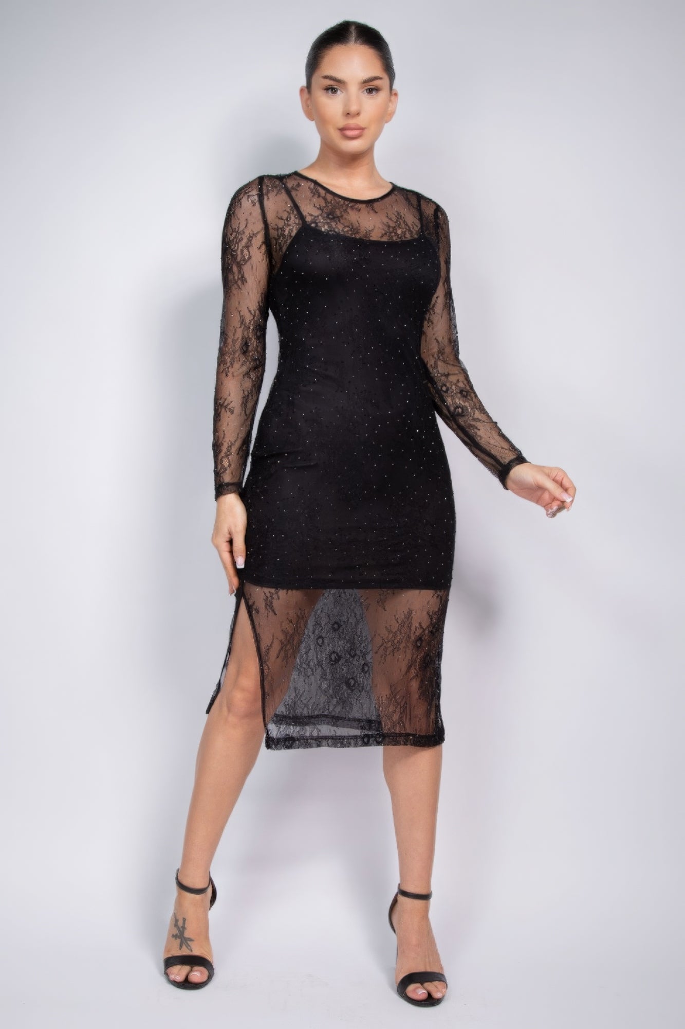 Black - Lace Rhinestone-studded Slit Midi Dress for Women - women's dress at TFC&H Co.