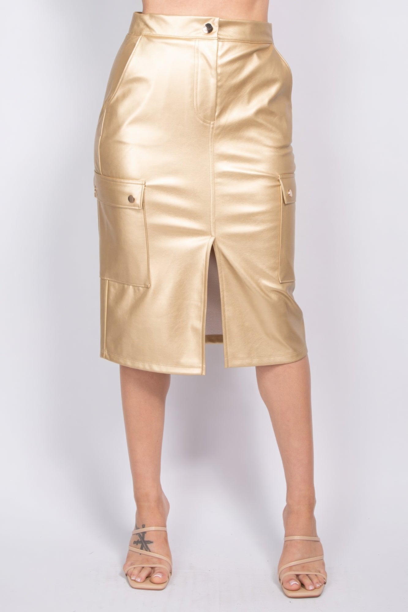 Gold - Faux Leather High-rise Cargo Skirt - womens skirt at TFC&H Co.