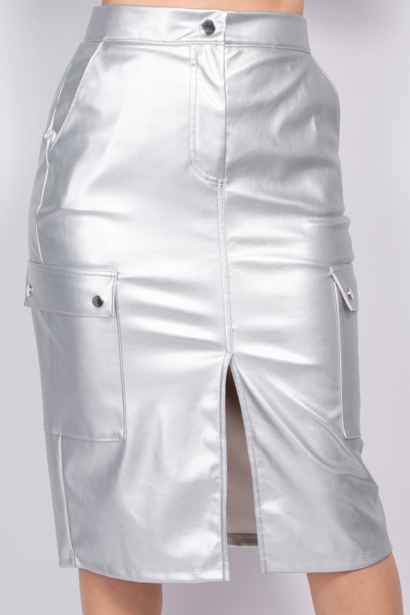 Silver - Faux Leather High-rise Cargo Skirt - womens skirt at TFC&H Co.