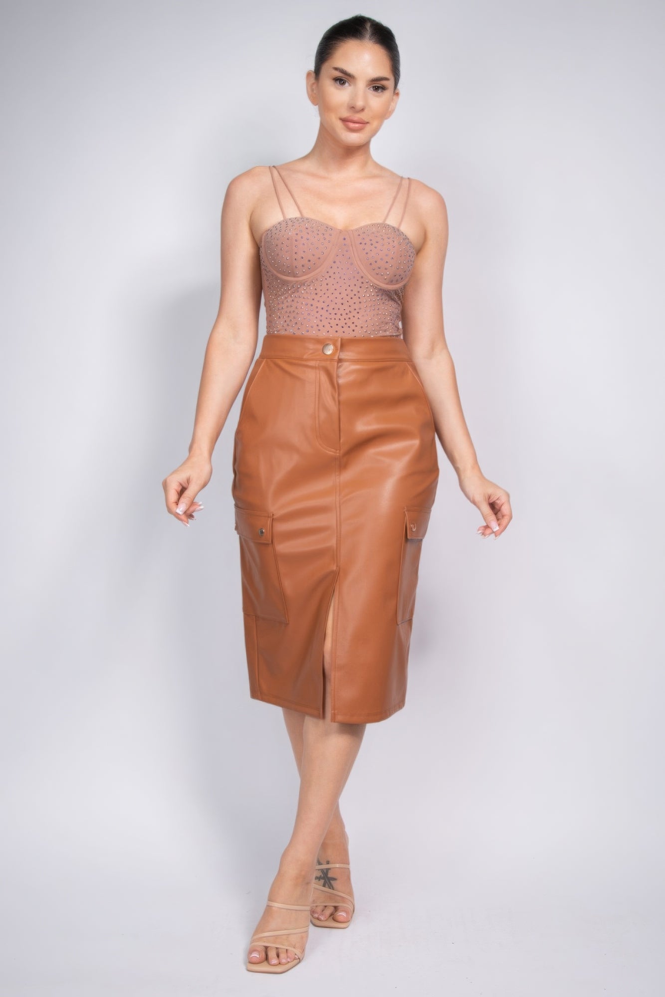 Cognac - Faux Leather High-rise Cargo Skirt - womens skirt at TFC&H Co.