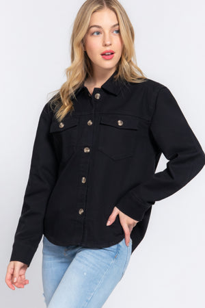 Black - Button Down Cotton Denim Shacket for Women - womens shacket at TFC&H Co.