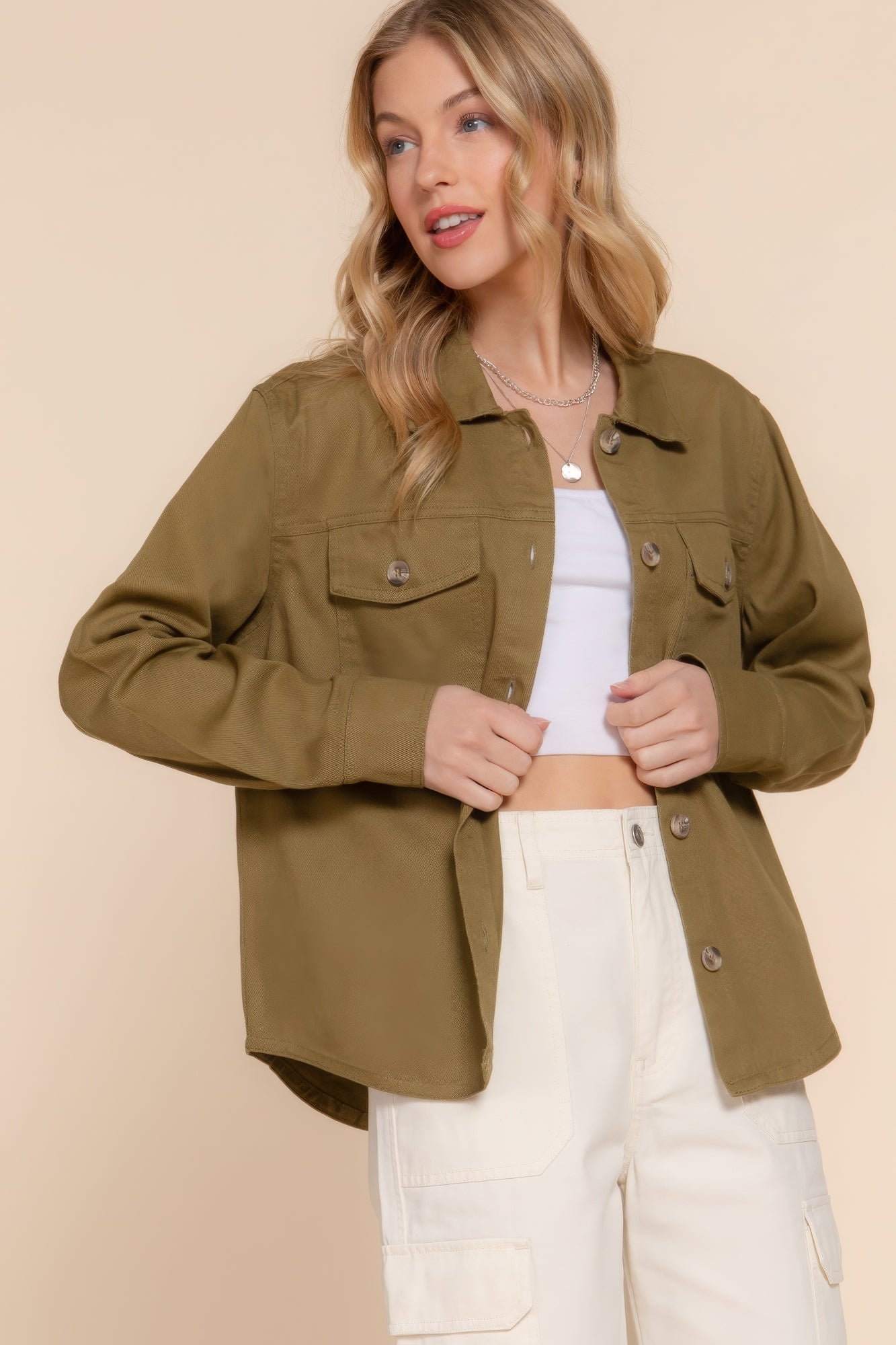 Olive - Button Down Cotton Denim Shacket for Women - womens shacket at TFC&H Co.