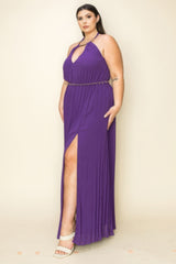 Purple - Chiffon Pleated Gold Trim Neck & Belt Cut Out Chest Maxi Dress - womens dress at TFC&H Co.