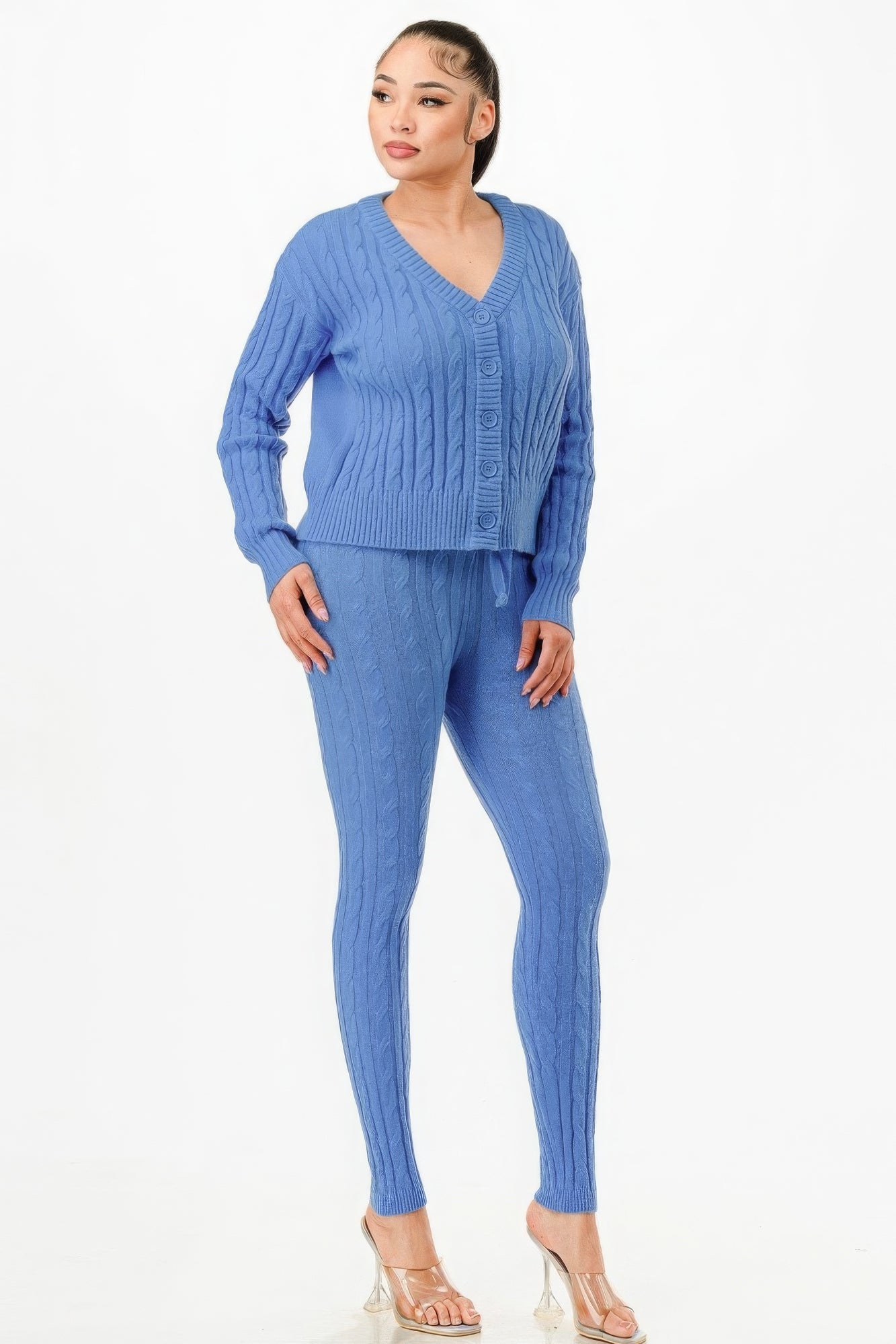 Sky Blue - Cable Sweater Cardigan 2pc Set - womens pants set at TFC&H Co.